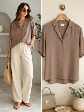 Wilfred 100% Cupro Blouse 2XS Relaxed Fit Taupe Camp Collar Quiet Luxury Aritzia